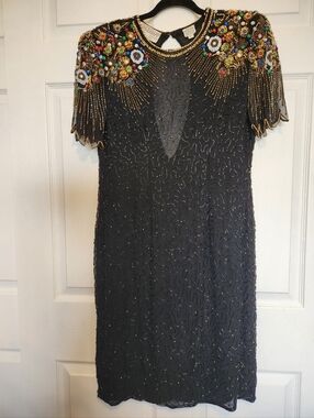 ✨️Vintage 80s Freesha - Black Silk Beaded Dress - Size L